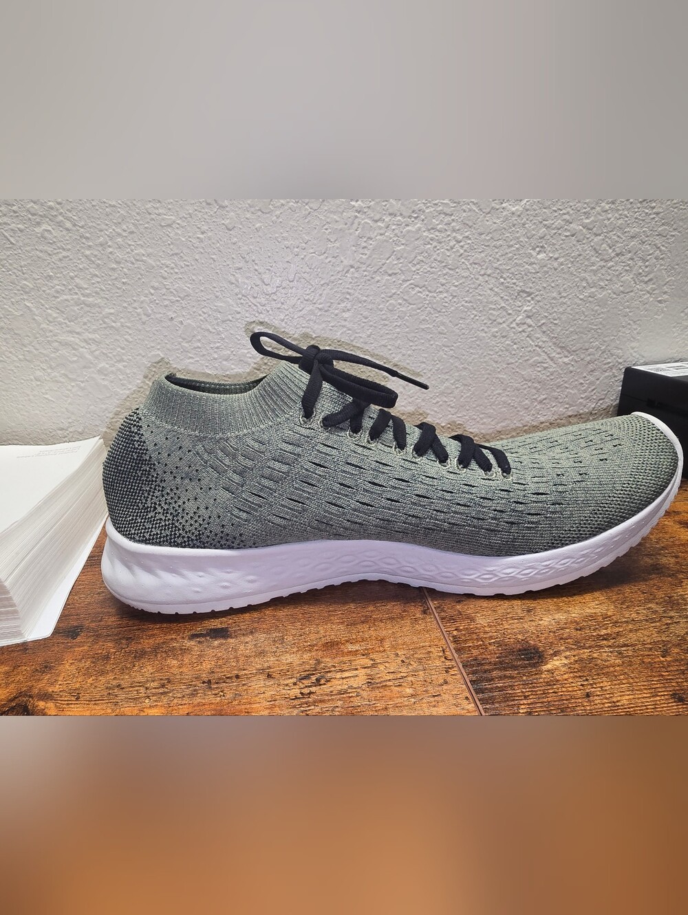 New Balance Olive Green Knit Athletic Sneaker with Black Laces